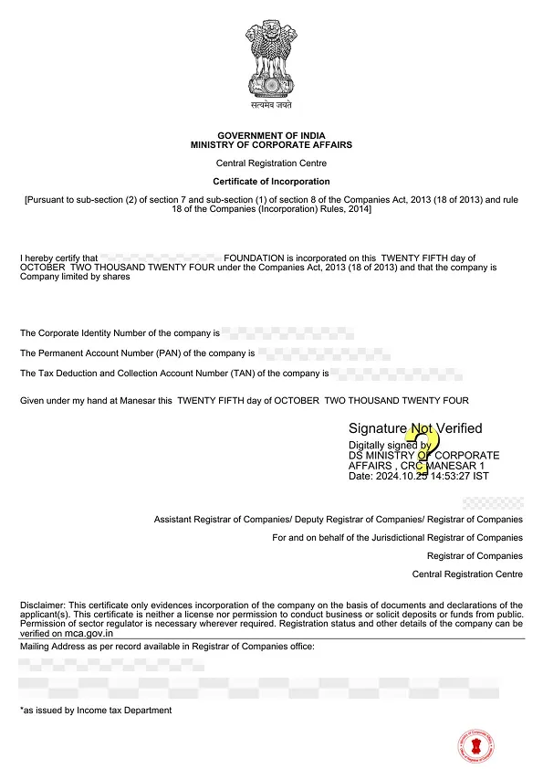 CERTIFICATE OF INCORPORATION (PVT LTD)